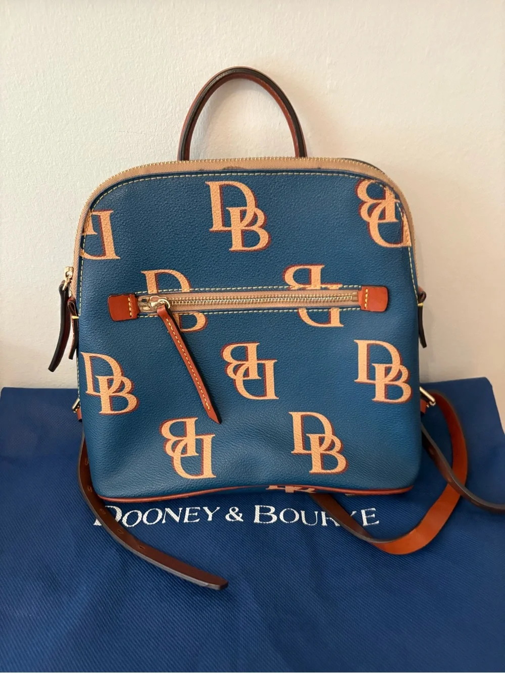 Dooney & Bourke Blue Backpack with Tan Monogram Accents w/ Dust Bag